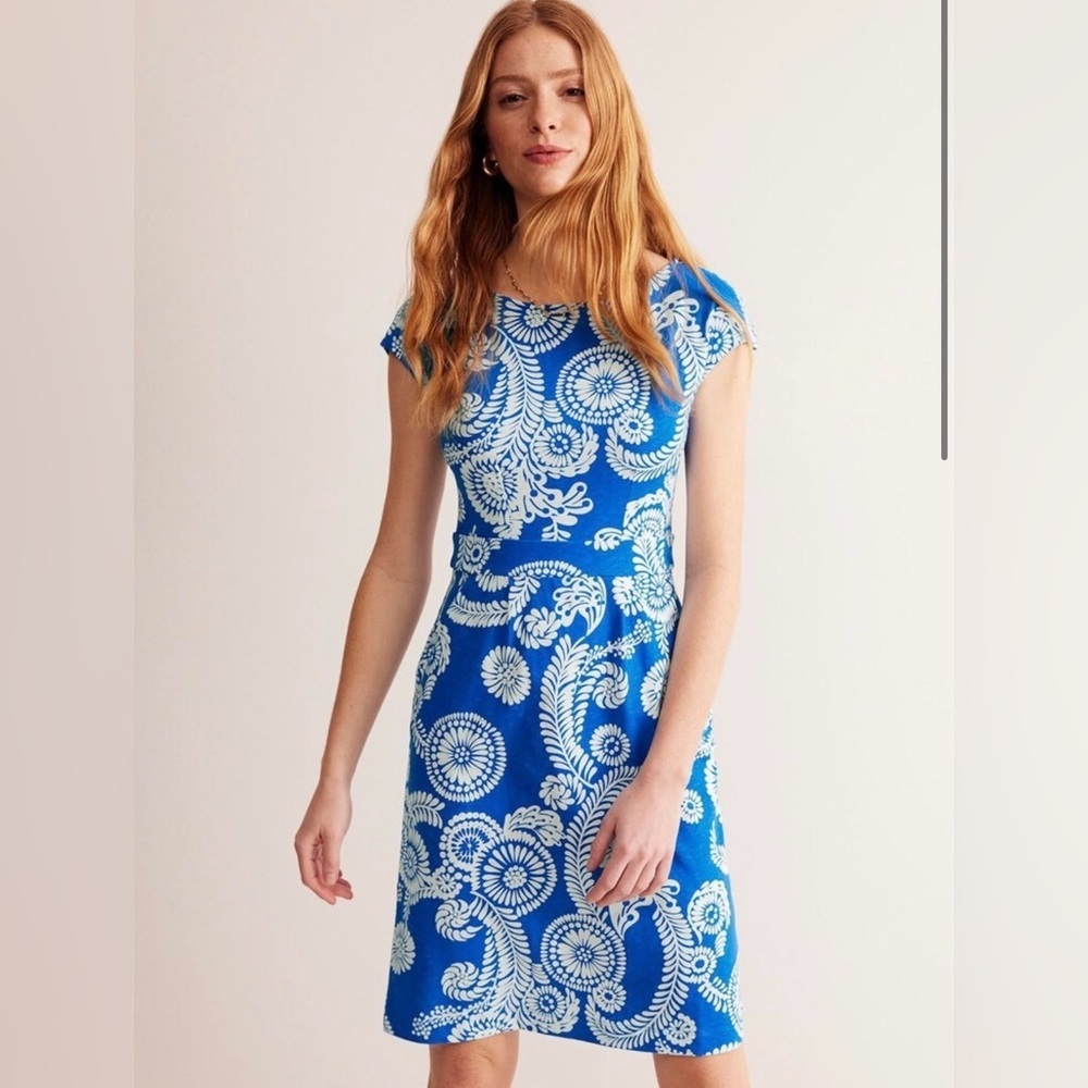 Boden Florrie Jersey Dress in Blue and White Paisley Midi